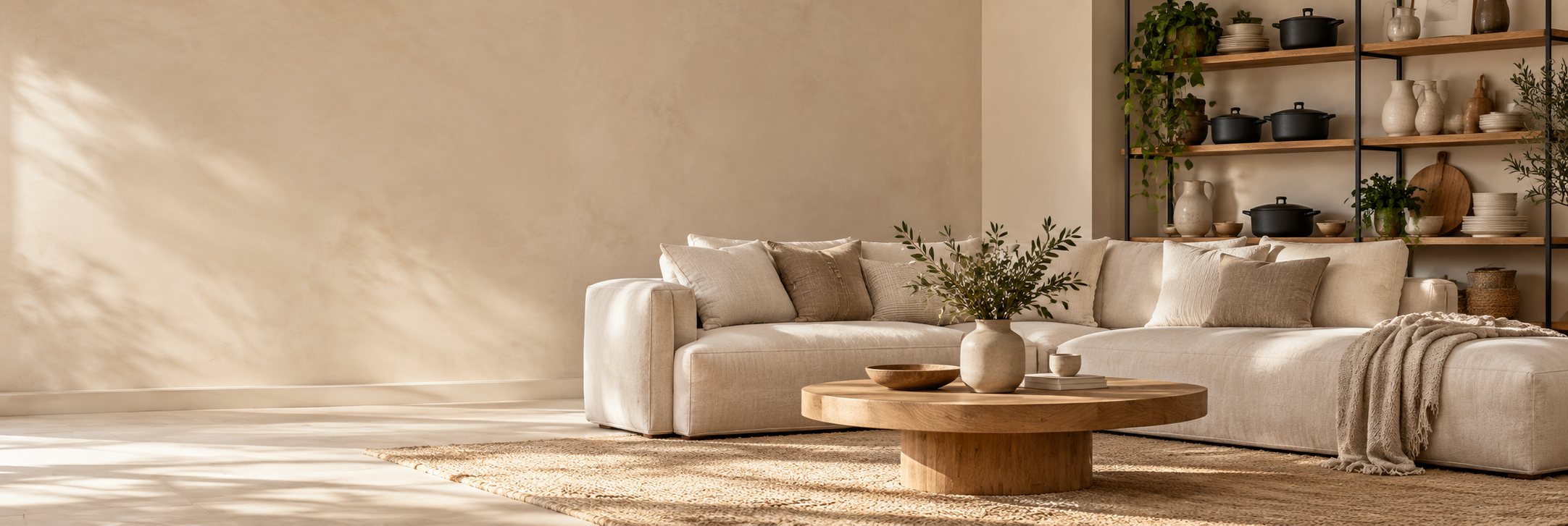 A warm neutral living room with a cream sofa, oak table and shelves of ceramics and kitchenware